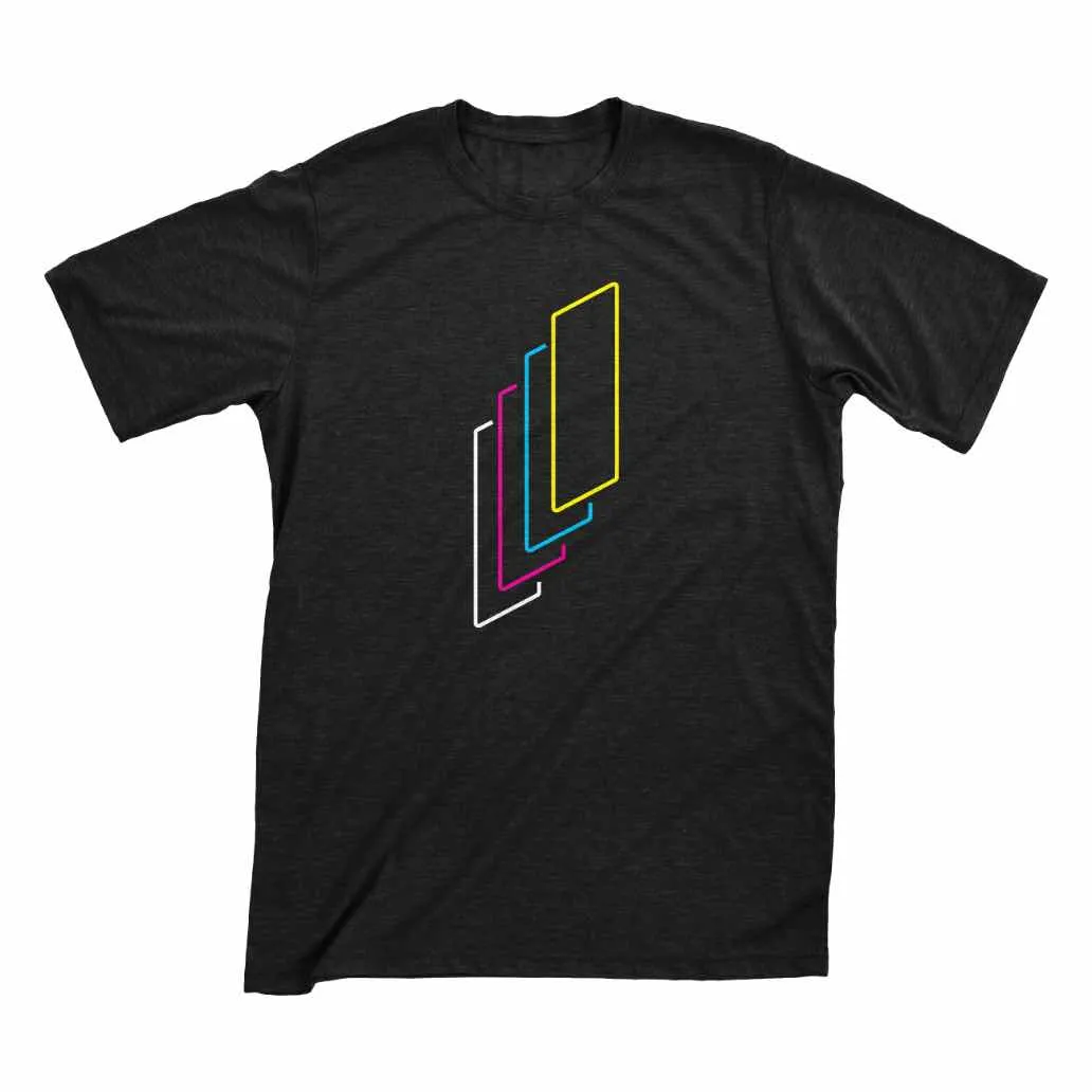 A dark gray shirt with four colored boxes on it