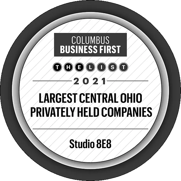 "Columbus Business First - The List 2021," recognizing the largest privately held companies in Central Ohio, featuring Studio 8E8, specialists in dental marketing.