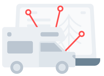 Illustration showing a camper trailer interacting with a computer interface, possibly for a campground management app.