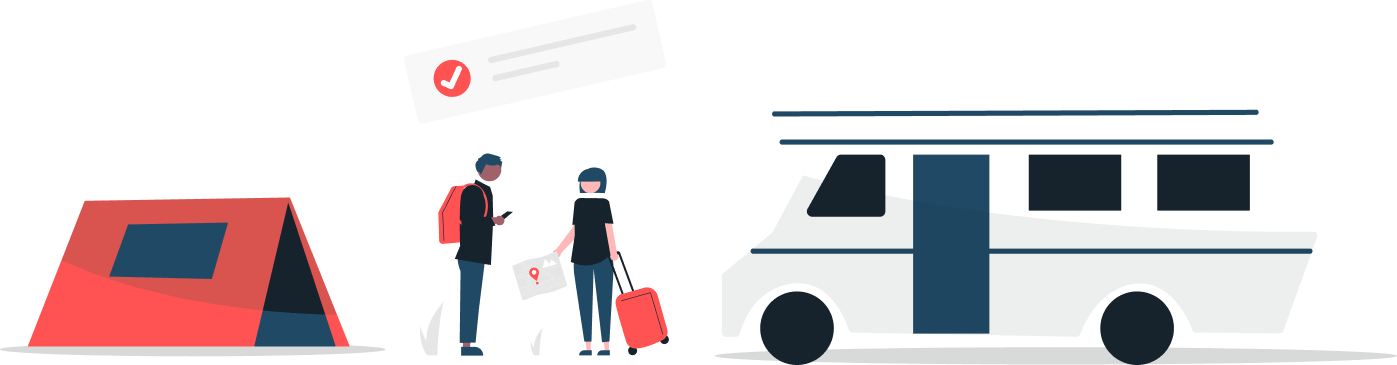Illustration showing different camping options: RV and tent.