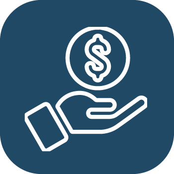 White line art illustration of a hand holding a dollar coin.