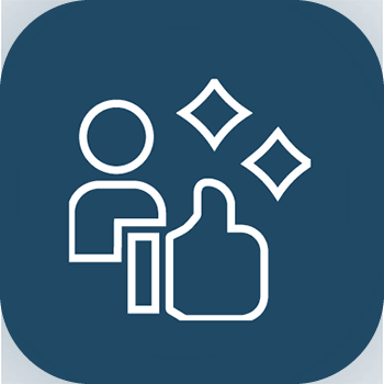 White line art icon of a person with a thumbs-up gesture and sparkle elements, representing positive feedback or approval.