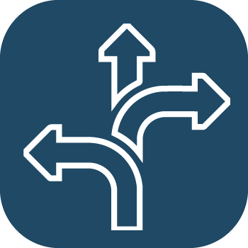 White line art icon showing three diverging arrows, representing choices and decision-making.