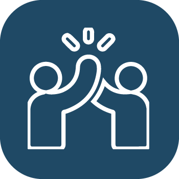 White line art icon depicting two figures giving a high five, symbolizing teamwork and collaboration.