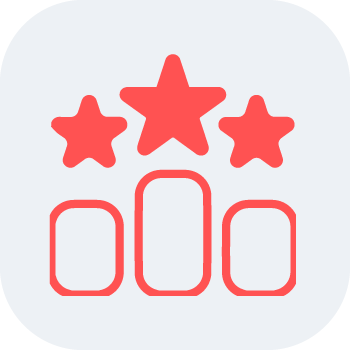 Red line art icon showing three stars above three empty bars, representing a three-star rating or average feedback.