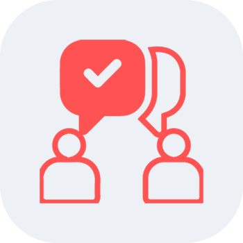 Red line art icon depicting two figures with speech bubbles, one containing a checkmark and the other a question mark, representing successful communication and feedback.