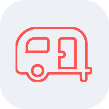 Red line art icon of an RV camper trailer, representing recreational vehicles and camping.