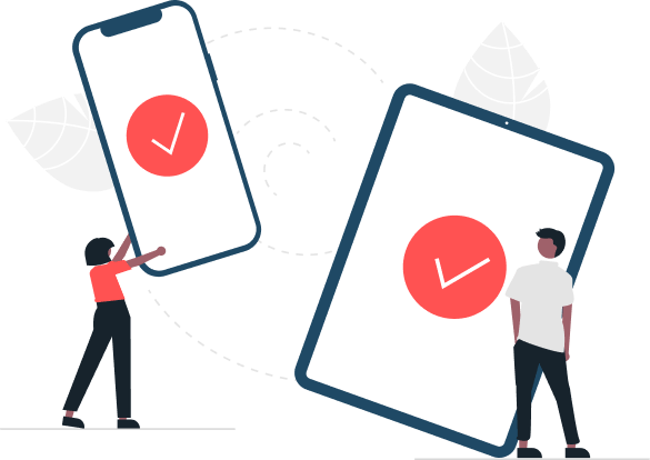 Illustration showing data synchronization between a mobile phone and a tablet, both displaying a checkmark.