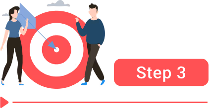 Two people beside a large red-and-white target with an arrow in the bullseye, and a red ‘Step 3’ button