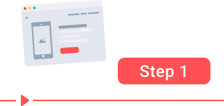 Illustration of a webpage mockup with a mobile phone graphic and a red ‘Step 1’ button