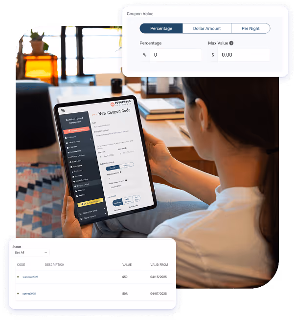 A woman interacting with a tablet, browsing a website with focused attention