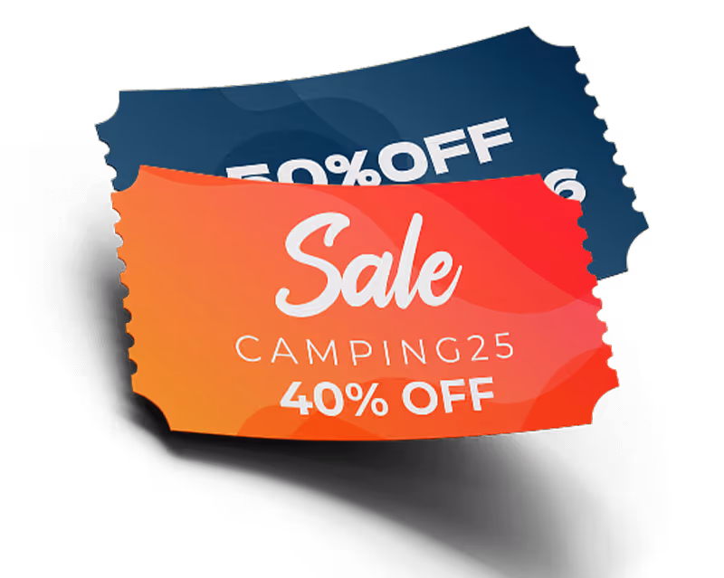 Two camping coupons displaying "Sale: 25% Off Camping" prominently.