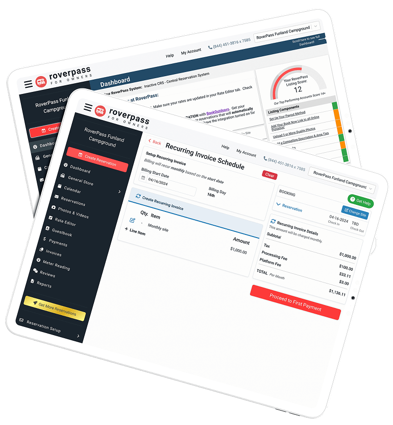 Explore the intuitive RoverPass campground management software dashboard showcasing key features like recurring invoice scheduling. See how RoverPass streamlines operations, simplifies billing, and enhances efficiency for campground owners and managers.