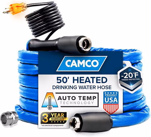 A 50 ft heated drinking hose designed for automatic temperature control, ideal for maintaining water flow in cold conditions.
