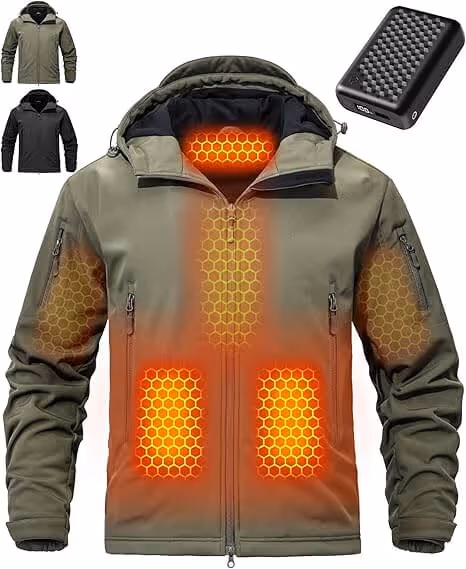 A heated jacket featuring a remote control for adjustable warmth, designed for comfort in cold weather.