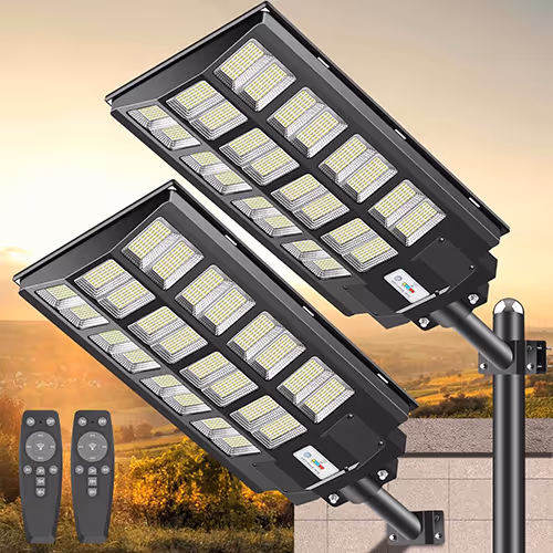 Two LED flood lights displayed with a remote control, showcasing their modern design and functionality.