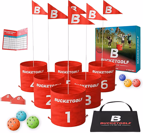 A bucket golf set featuring red balls and a stylish carrying bag, perfect for golf enthusiasts.
