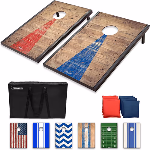 Two cornhole boards featuring the American flag and a vibrant red, white, and blue design, ready for outdoor games.
