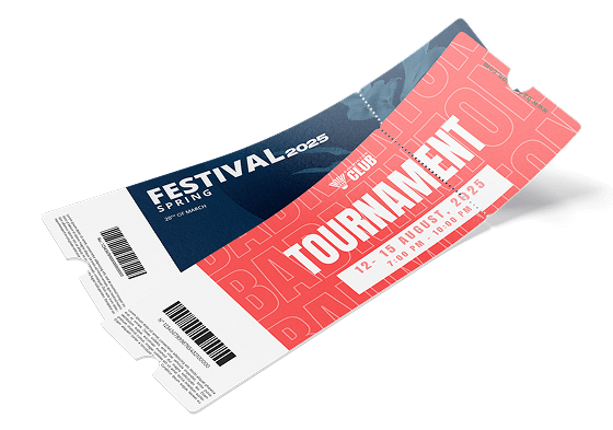 Two stylized event tickets labeled ‘Festival Spring 2025’ and ‘Tournament 2025’, illustrating the ticketing feature