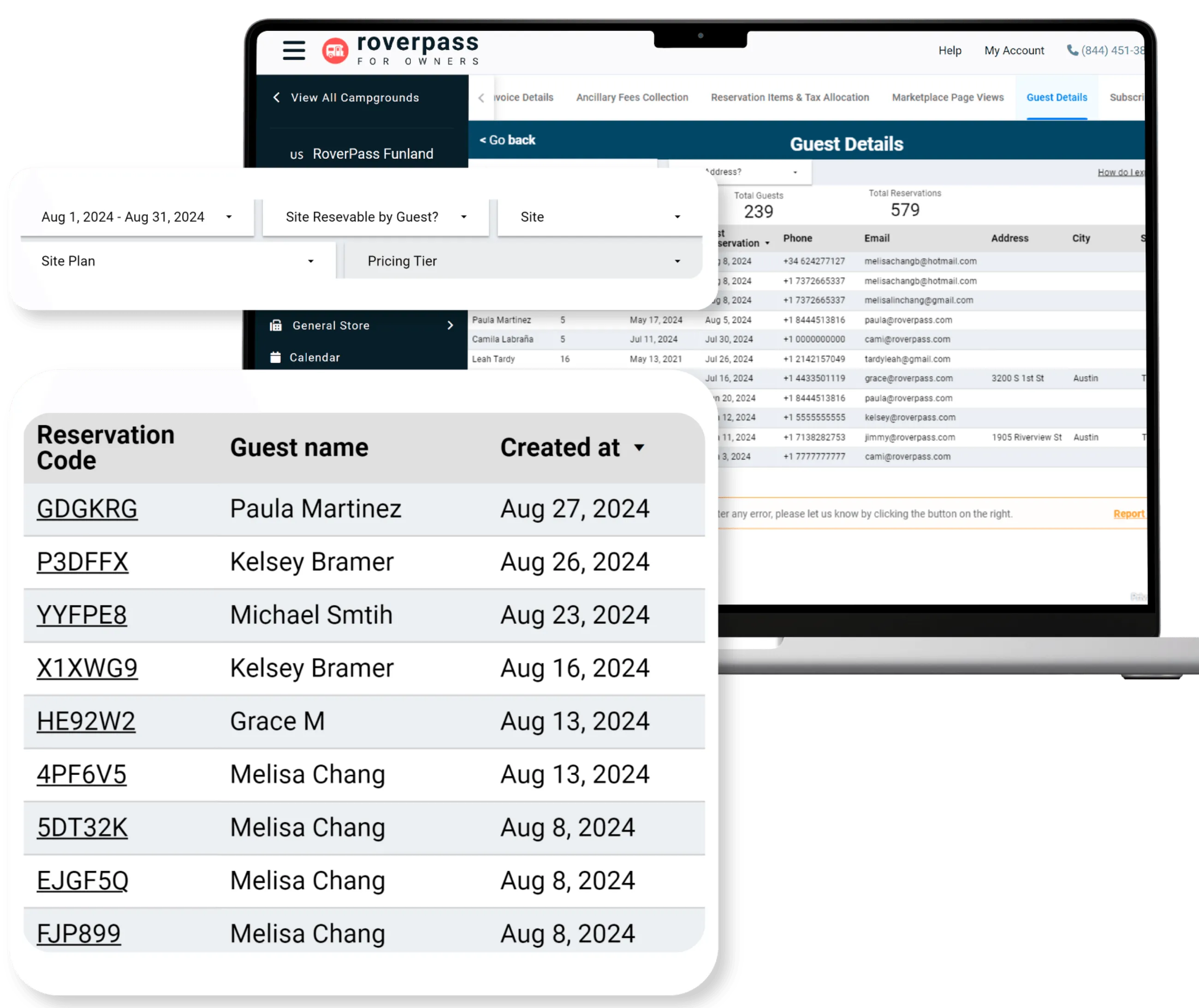 Dashboard for marketing reports through RoverPass campground reservation software