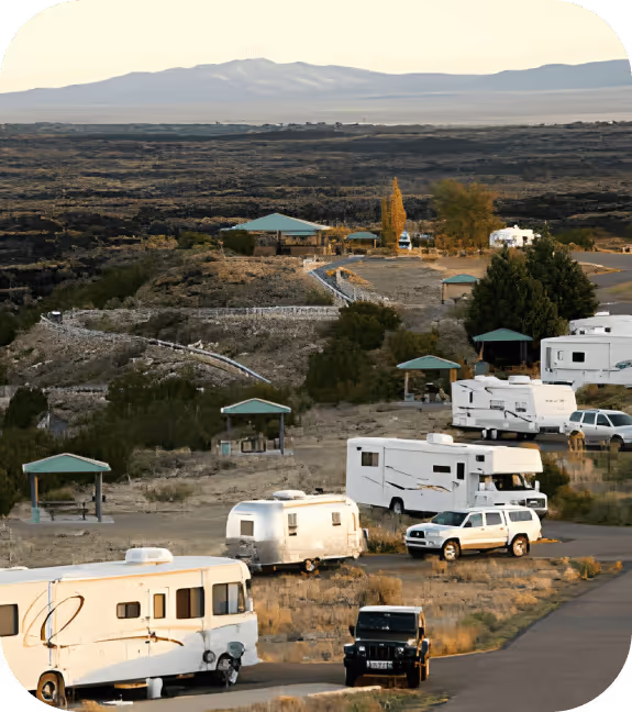 Several RVs arranged neatly in a parking lot, showcasing a variety of colors and designs