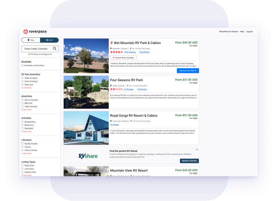 Examples of how RoverPass listings are displayed