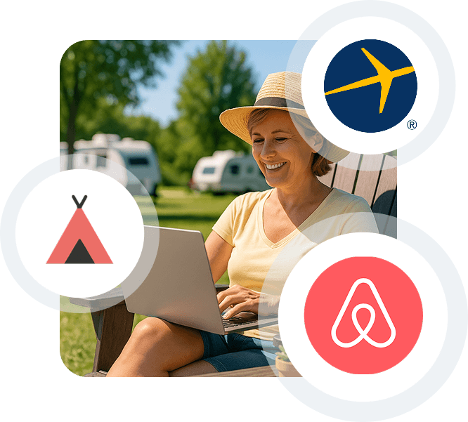 Central RV icon surrounded by circles with Airbnb, Expedia, Spot2Nite, Booking.com and a tent icon, illustrating OTA integrations