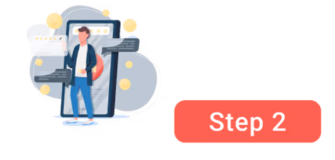 Figure in front of a large smartphone showing chat balloons and coin symbols, with a red Step 2 button