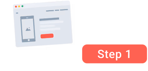 Screen design showing a mobile phone image alongside a red Step 1 button