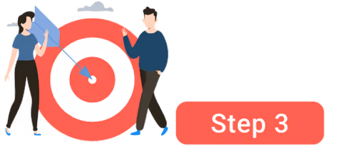 Two people flanking a red-and-white target hit in the bull’s eye, with a red Step 3 button