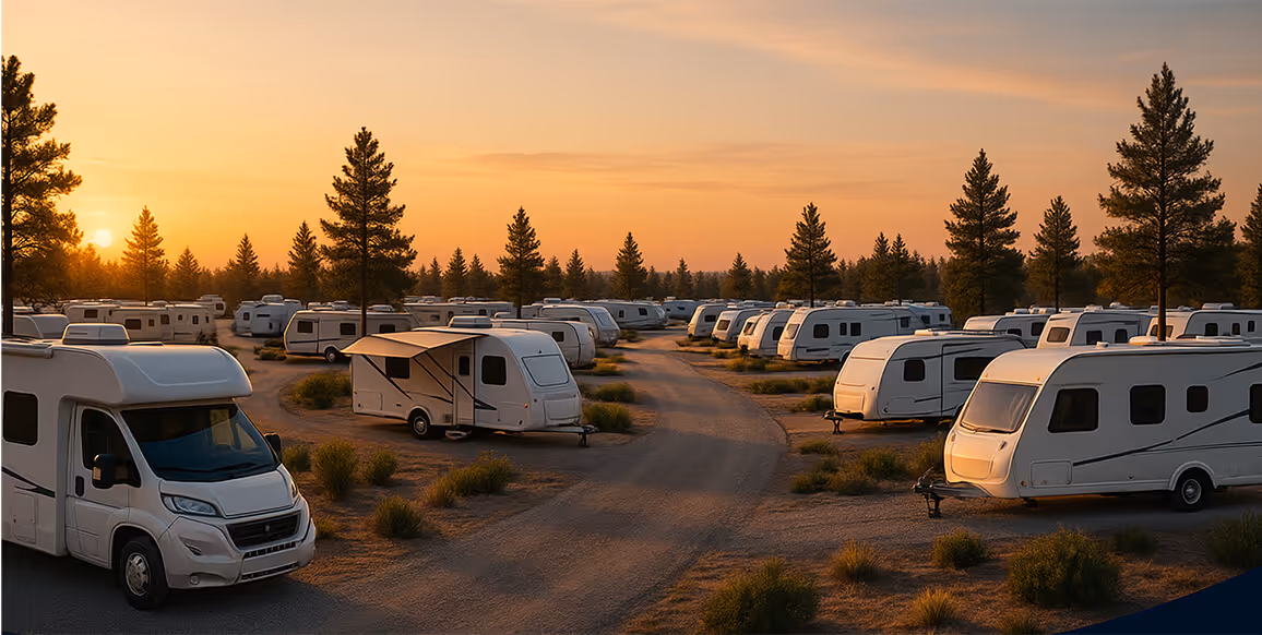 RVs parked on gravel loops among pine trees at sunset.