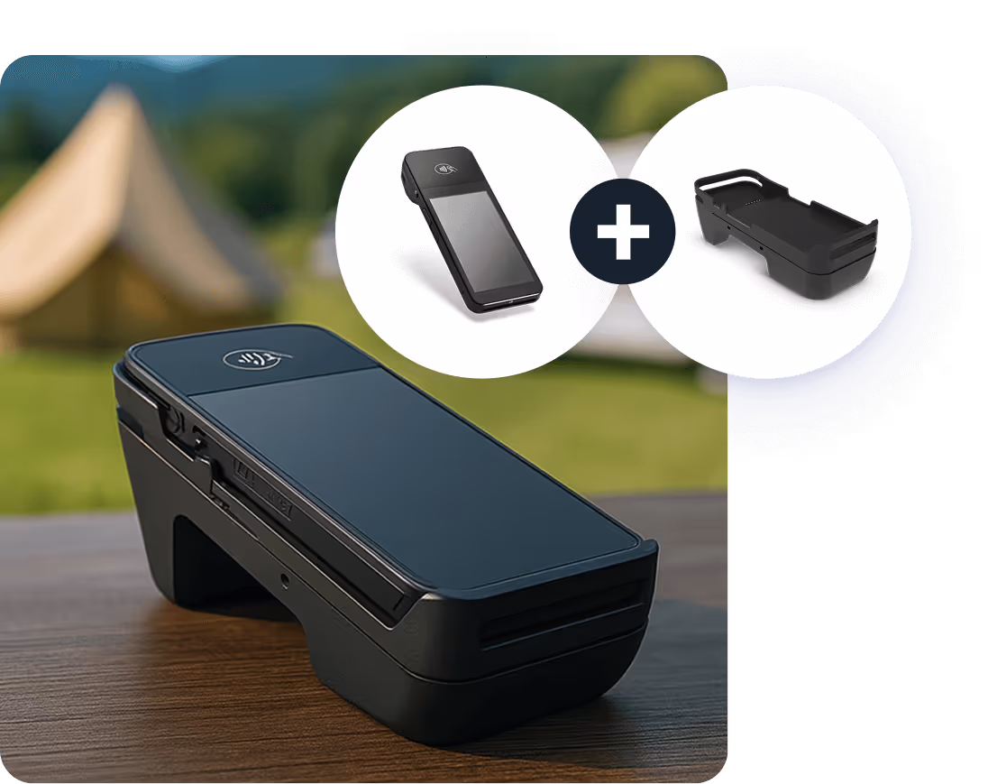 Compact credit card reader displayed together with its mounting dock.