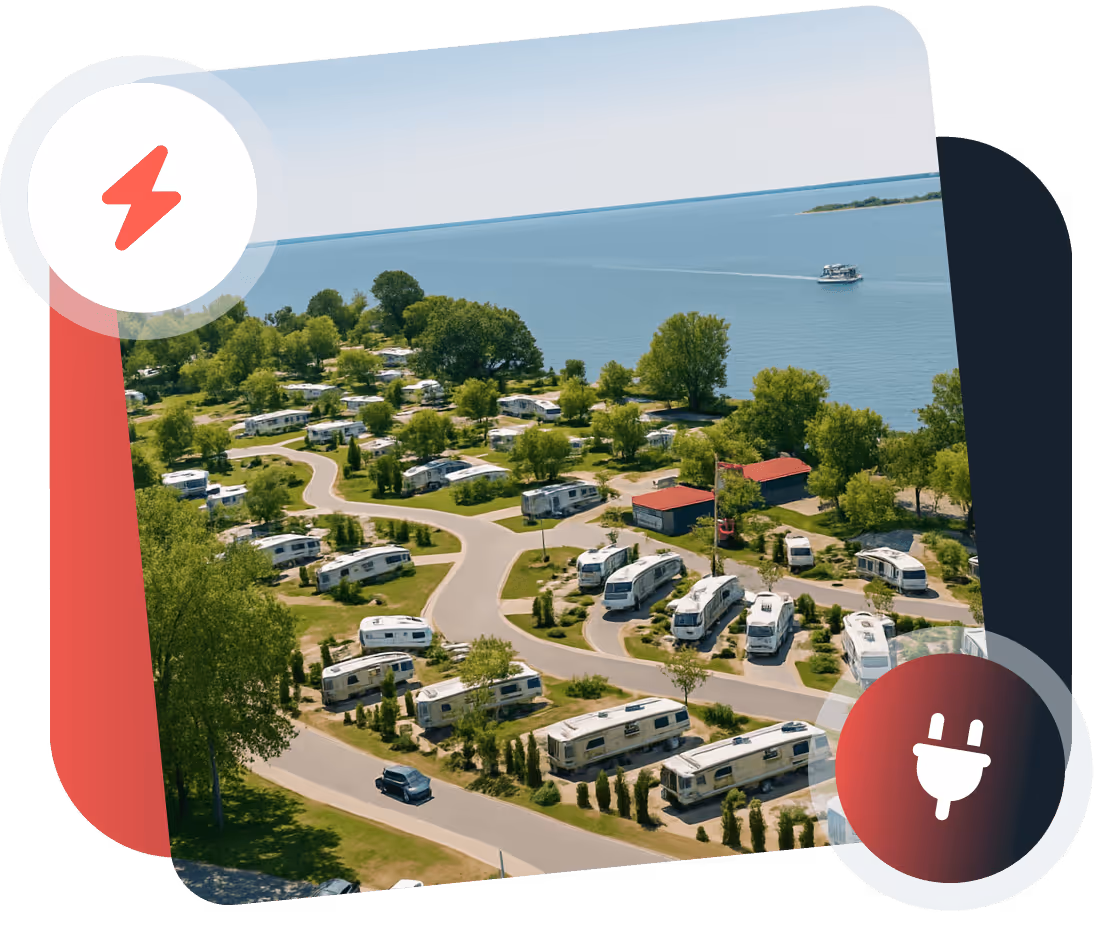 Aerial view of an RV park with power icons, representing smart metering