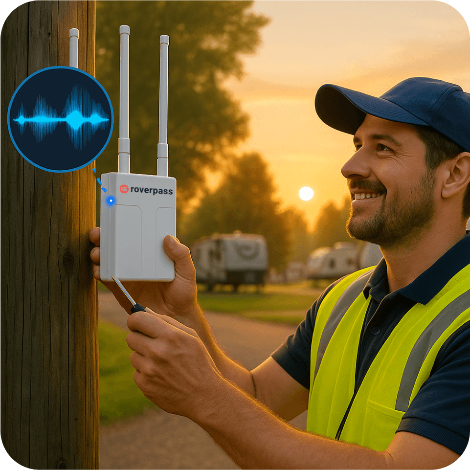 Technician mounting a RoverPass gateway on a pole at a campground