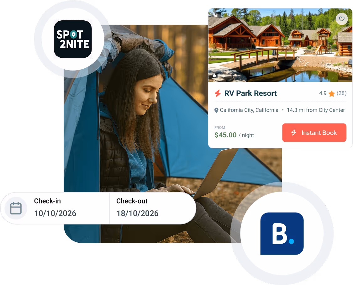 Woman in a tent using a laptop with an RV park booking card and Spot2Nite and Booking.com logos