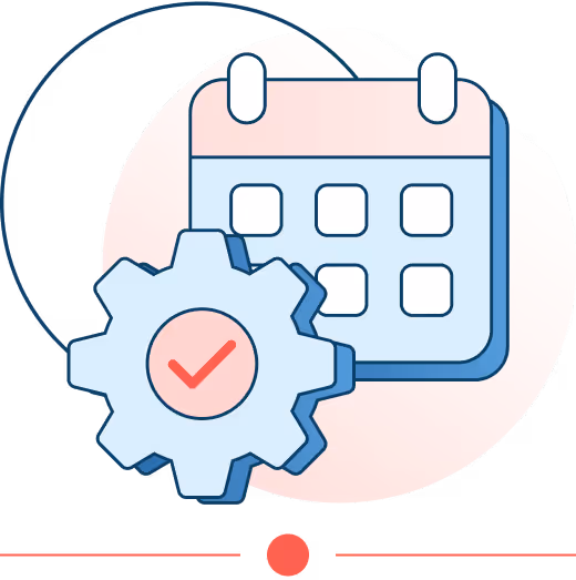Calendar with a gear and check mark representing automated scheduling and setup