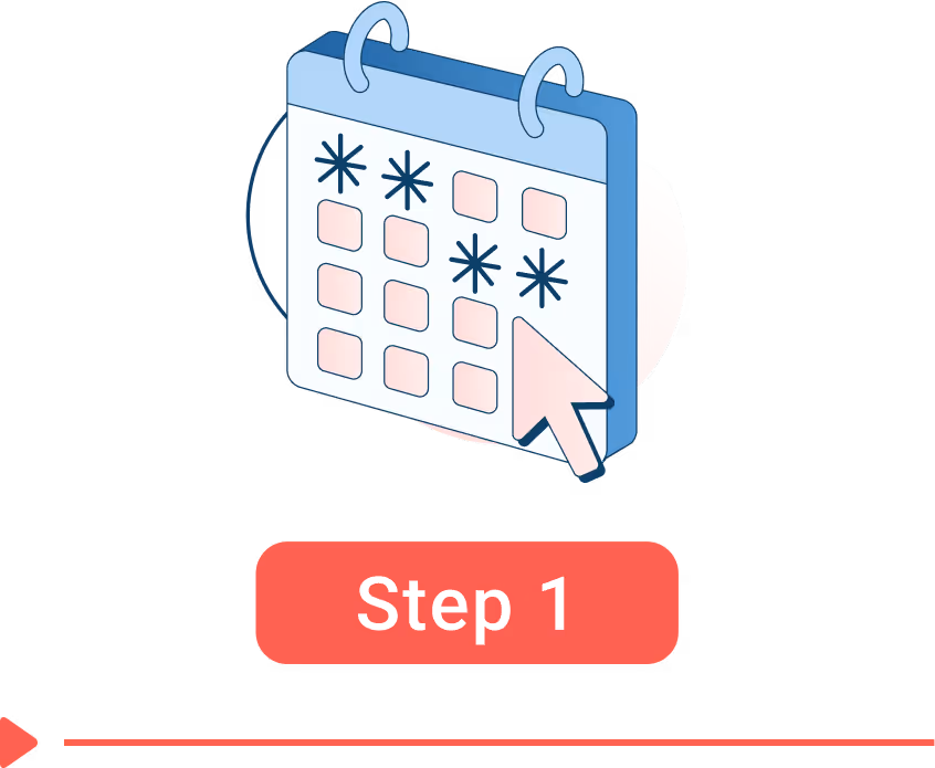 Calendar with highlighted dates and a cursor, labeled Step 1