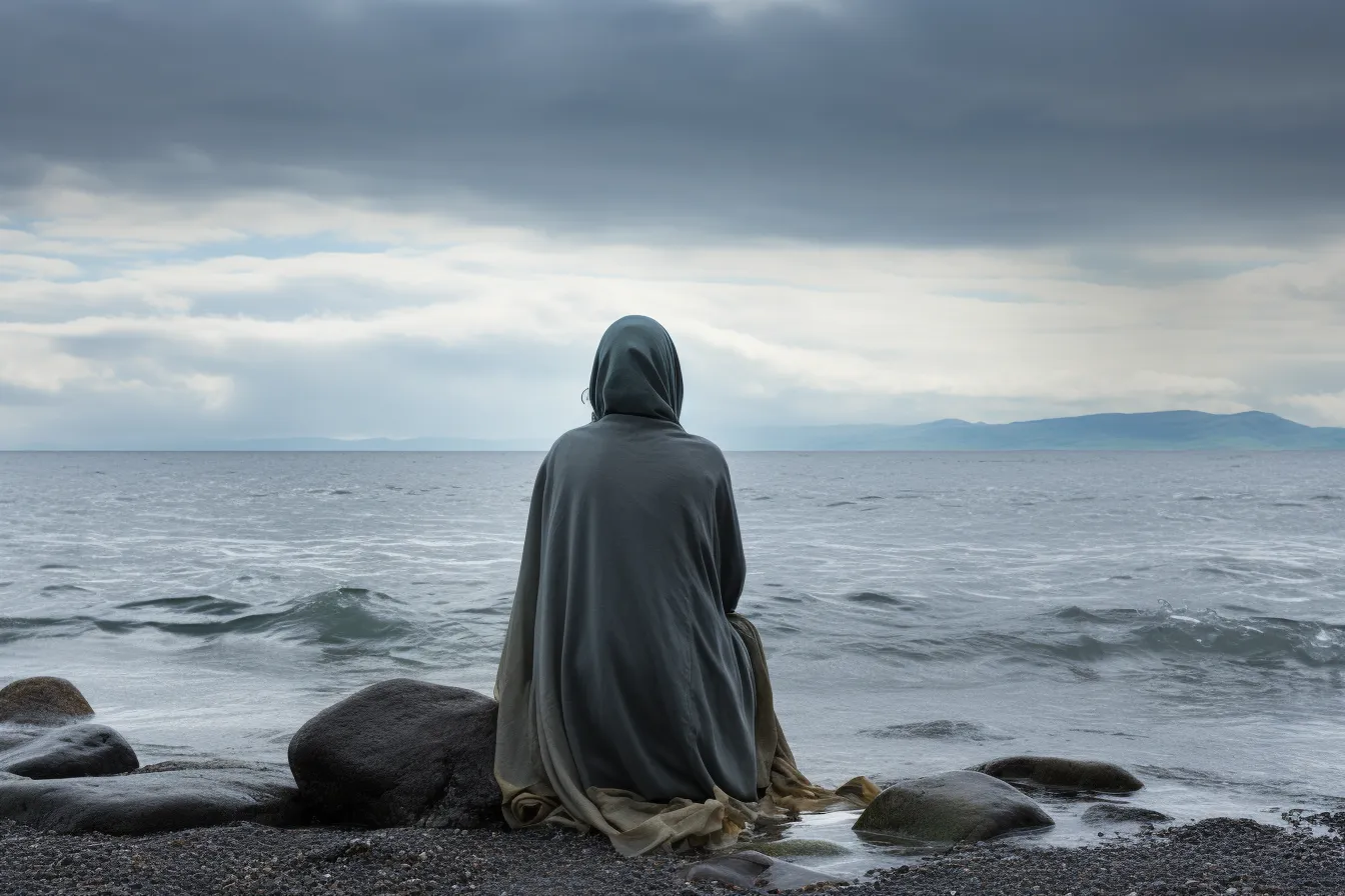 AI image, lady sitting looking at the sea