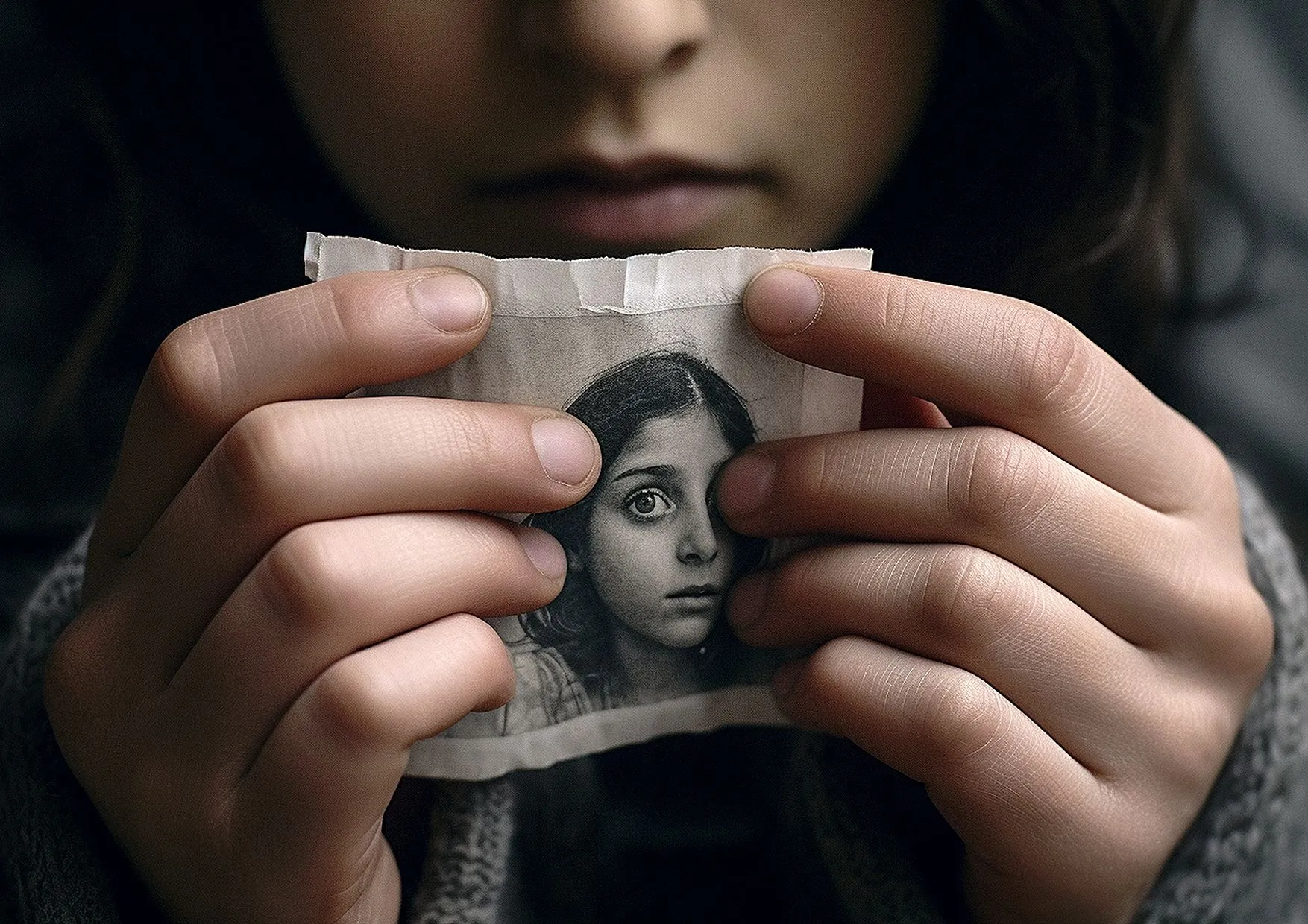 AI image, lady holding a passport photo of a child
