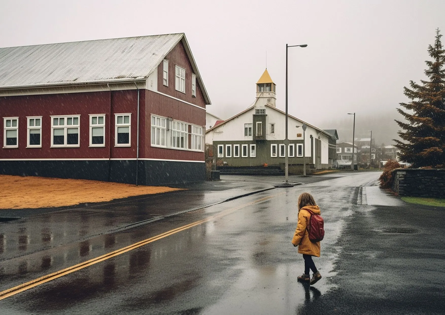 AI image, a desert city of north Europe with a young girl walking in the street