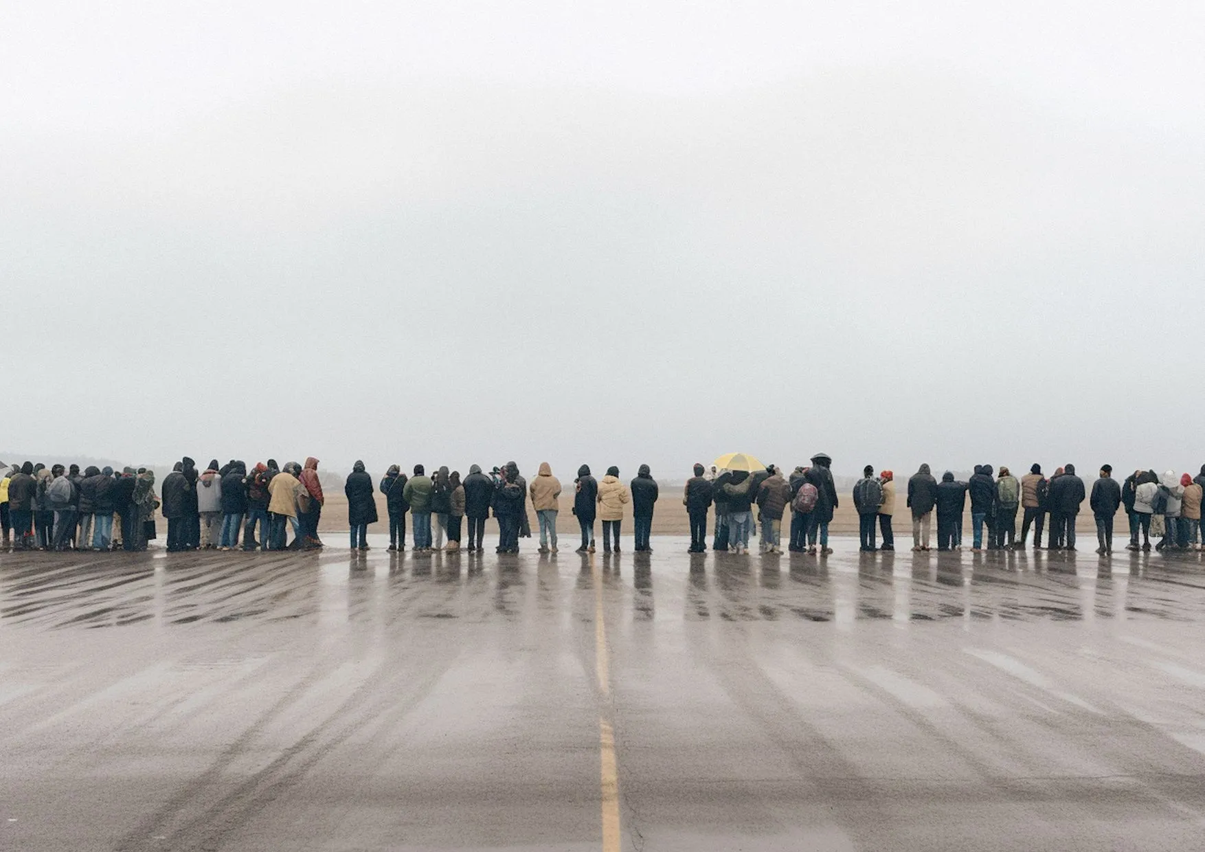 AI image, group of people in line on an airport runway