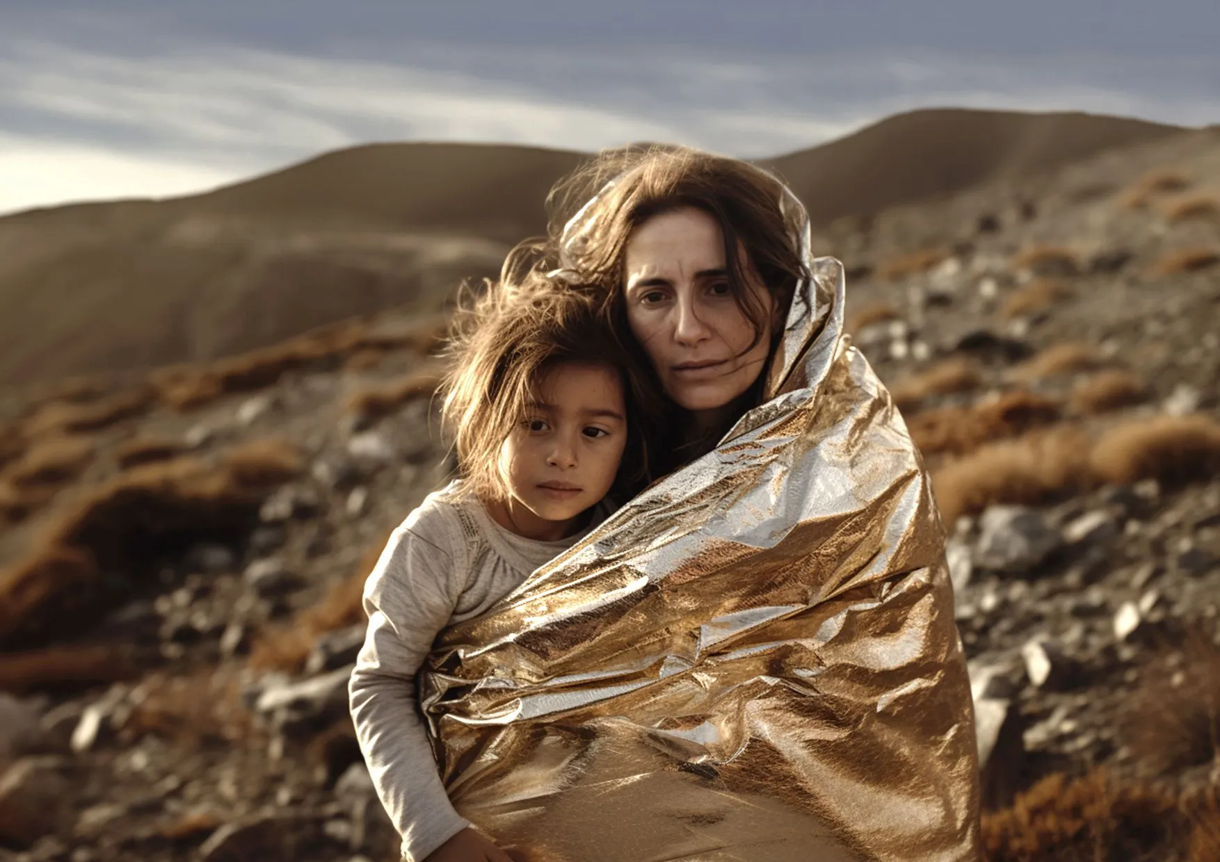 AI image, mother and child, on a desert mountain, hugging