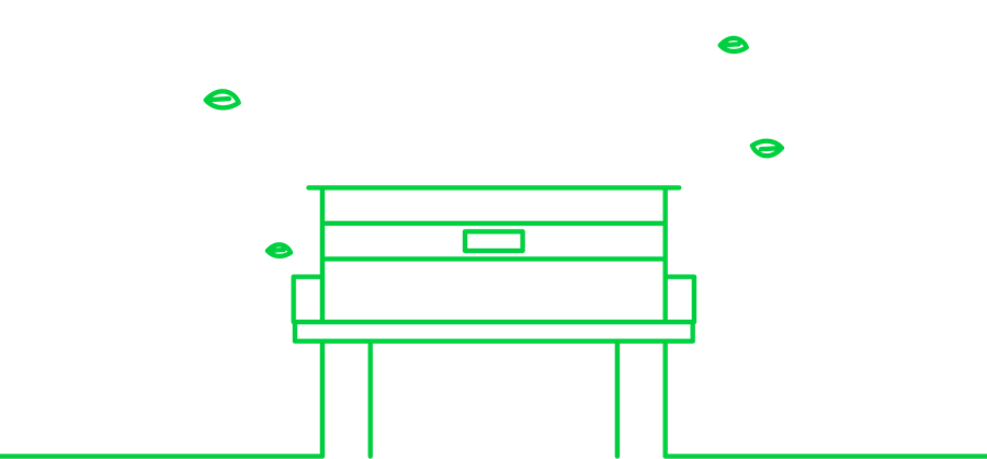 Line drawing of a garden bench with falling leaves