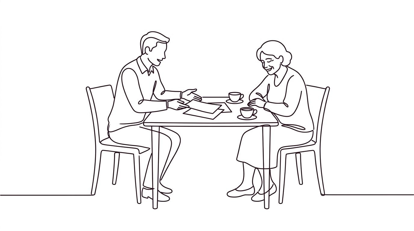 Line drawing of an adviser and an older woman going through papers at a kitchen table