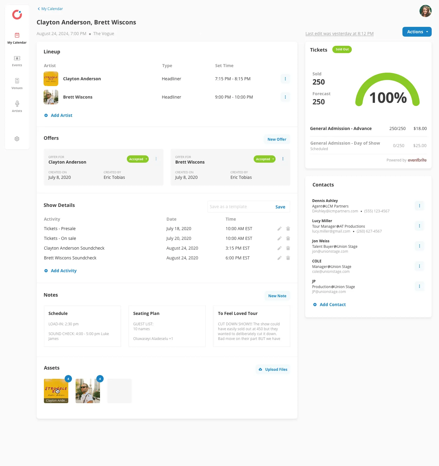 An Opendate show record with the offer, advance and settlement on the same page as the ticket.
