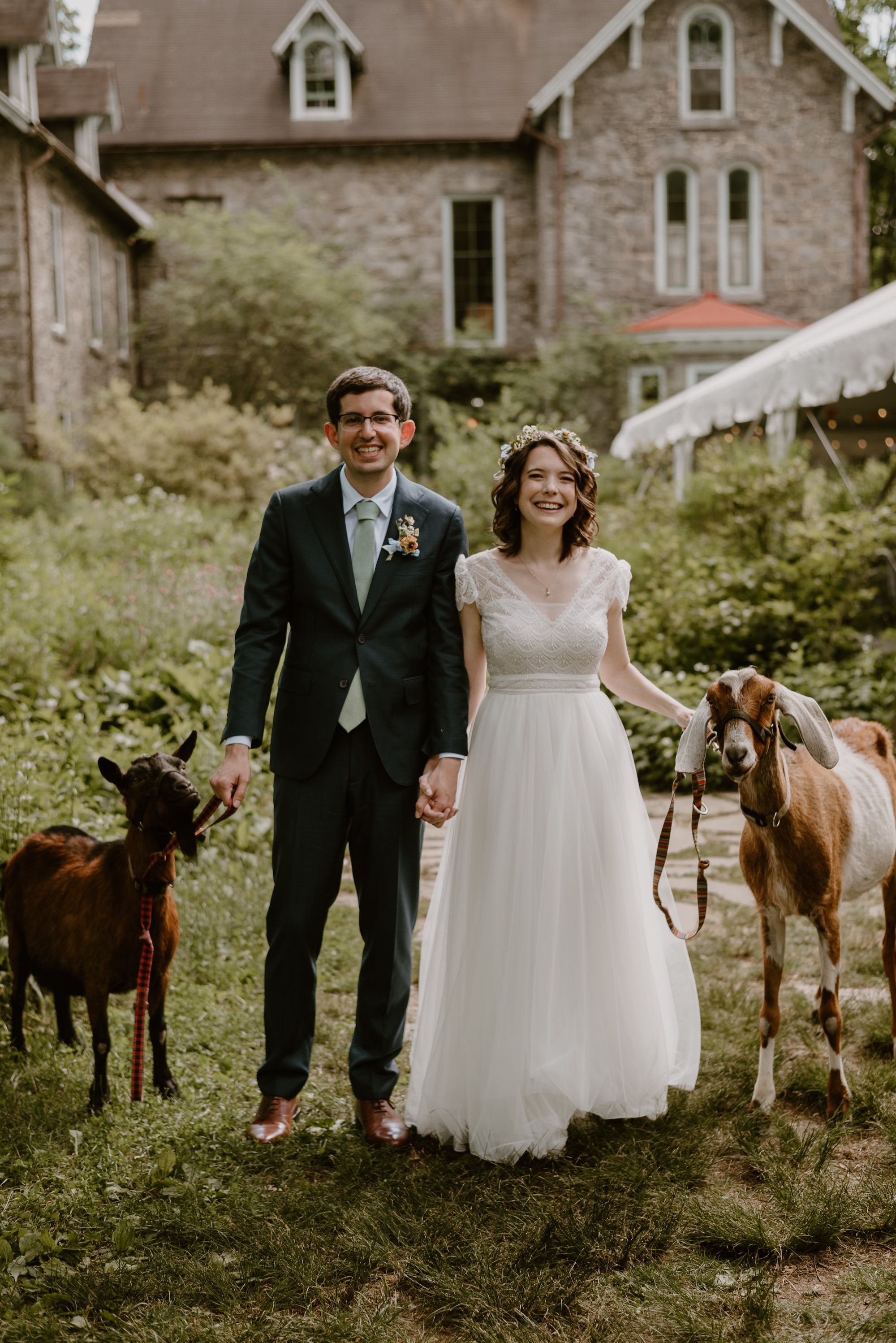Bride and groom with goats from Philly Goat Project as guests at Portico Awbury wedding