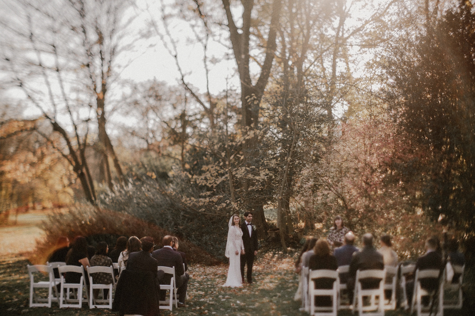 Wedding ceremony in the fall at Portico Awbury Arboretum