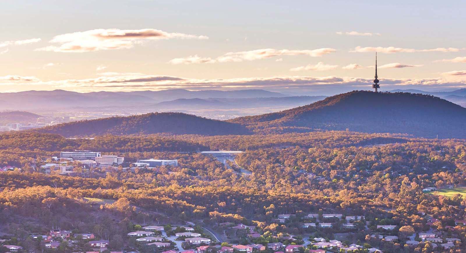 An early morning hilltop view overlooking Canberra.
