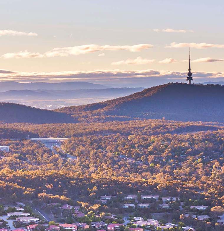 An early morning hilltop view overlooking Canberra.