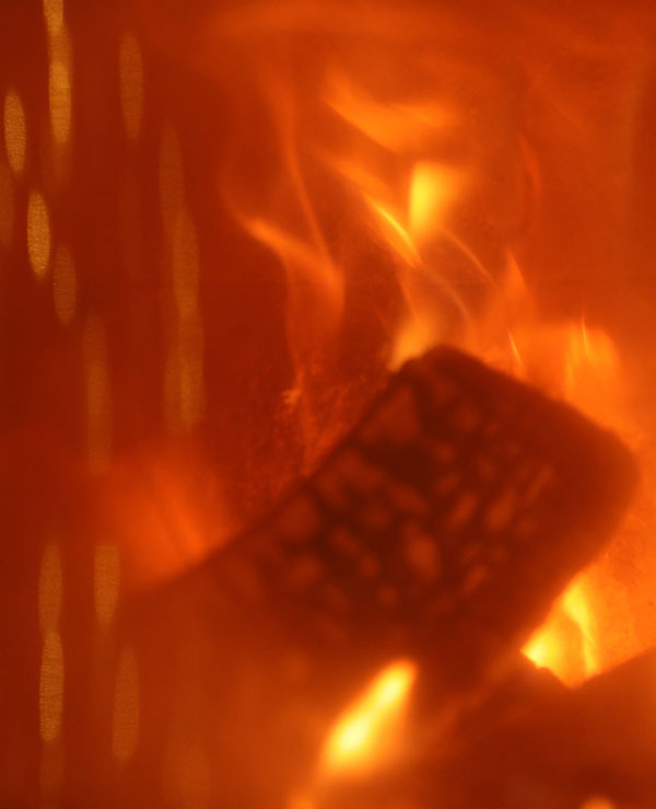 A fire burns inside a wood stove. The view is a closeup near the glass.